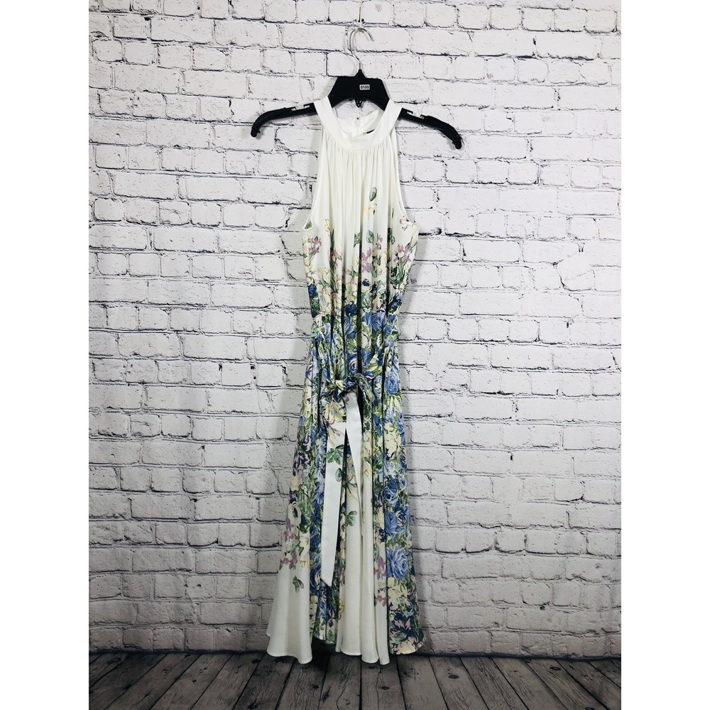 Gabby Skye White Floral Halter Maxi Dress with Blue and Green Accents